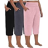 Neer 3 Pack Women's Plus Size Cotton Capri Pants High Waisted Wide Leg Loose Lounge Yoga Cropped Sweatpants with Pockets