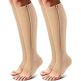 OUIVIAL Zipper Compression Socks Open Toe 15-20mmHg for Women&Men 2 Pairs Knee High Support Socks for Running Cycling