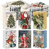 Gueevin 24 Pcs Vintage Christmas Paper Bags Retro Christmas Themed Gifts Kraft Paper Bags with Handle Rustic Santa Claus Gift Wrap for Holidays, Parties and Presents