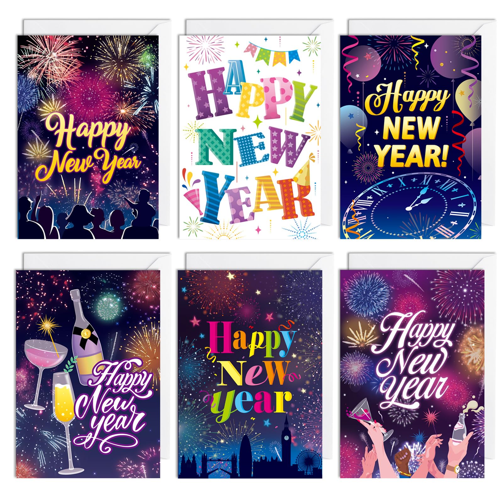 HOWAF 6 Pack Happy New Year Cards 2026 Greeting Cards with Envelopes, Winter Holiday Greetings Card Gifts Presents for NYE Party Decorations 2026, Multicolor