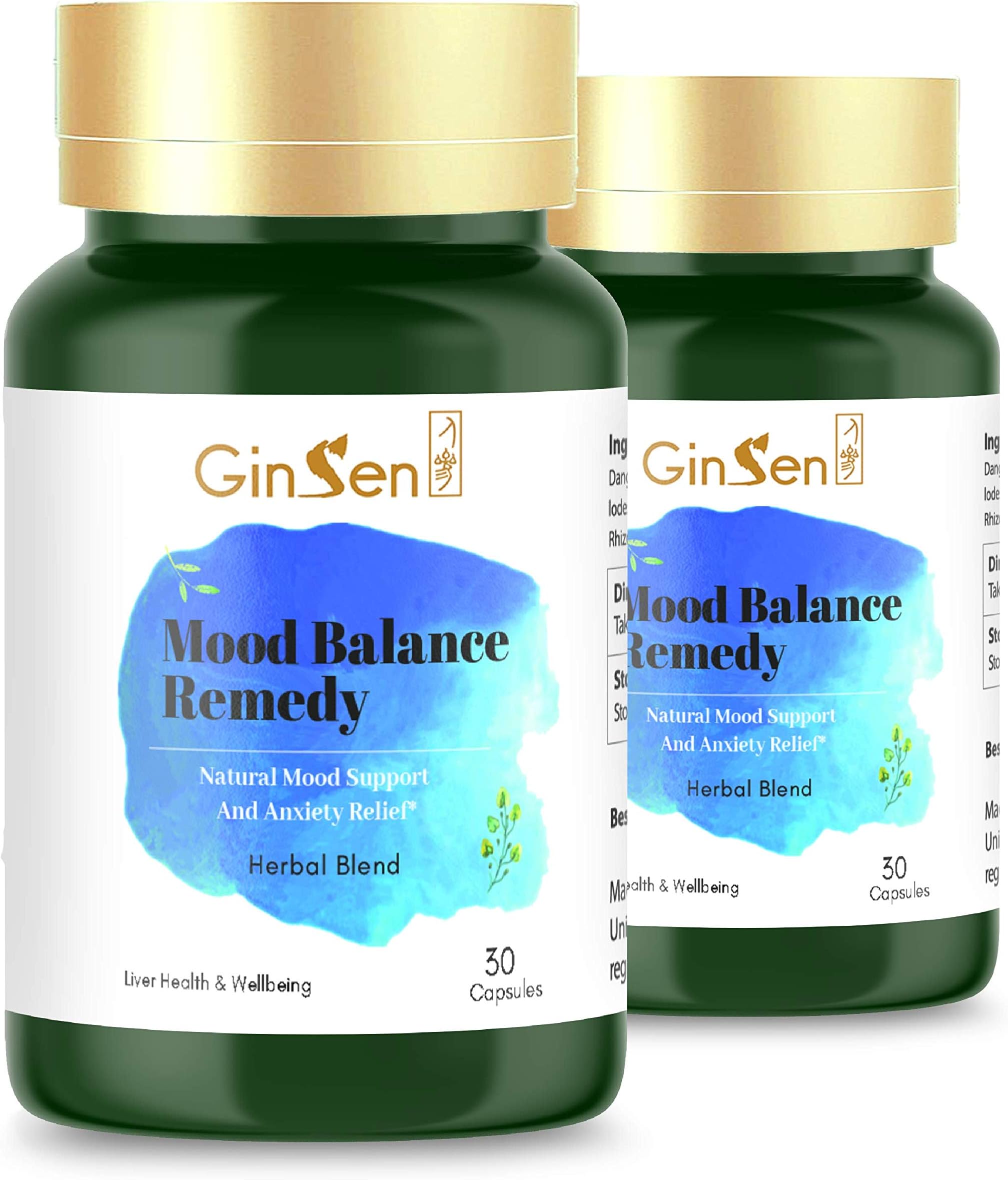 GinSen Strong Mood Remedy, Natural High Strength Stress Relief Supplement Helps with Mood Swings, Stress, Anxiety,PMS and PMT, Chinese Medicine Made in The UK (60 Capsules (30x2))