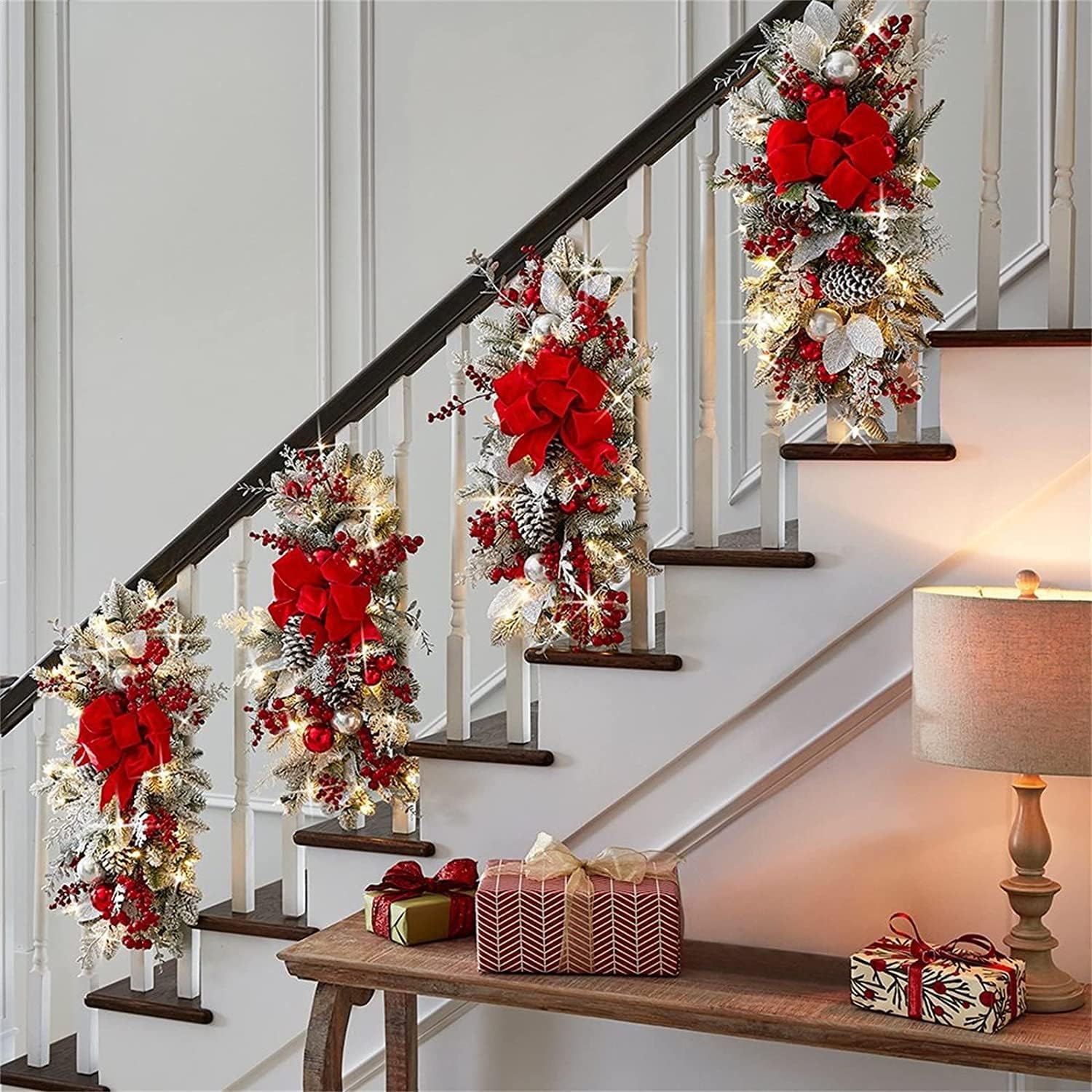 Wreaths, Garlands & Swags - 2023 Cordless Christmas Swags Prelit Teardrop Swag Christmas Staircase Decorations Artificial Stairs Christmas Garland with Lights Rustic Christmas Swag for Front Door Wall Window Stair Home Decor (A)