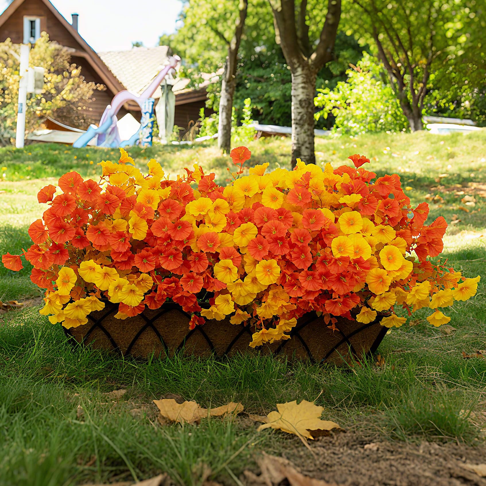 Photo 1 of 16 Bundles Fall Mums Artificial Flowers for Outdoor Decoration,Realistic Fake Plants Orange Red Petunias, UV Resistant Faux Yellow Silk Flowers for Vase Planter Front Door Porch Garden (Autumn)