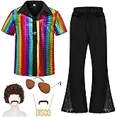 Bordazor Kids Disco Costume Sequins Shirts for Boys 6PCS Kids 60s 70s Disco Costume for Halloween Party Dress Up