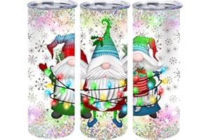 Waldea 1Pcs Christmas Lights Gnomes Skinny Tumbler with Lid, Insulated Double Wall Stainless Steel Slim Travel Tumbler Cups f