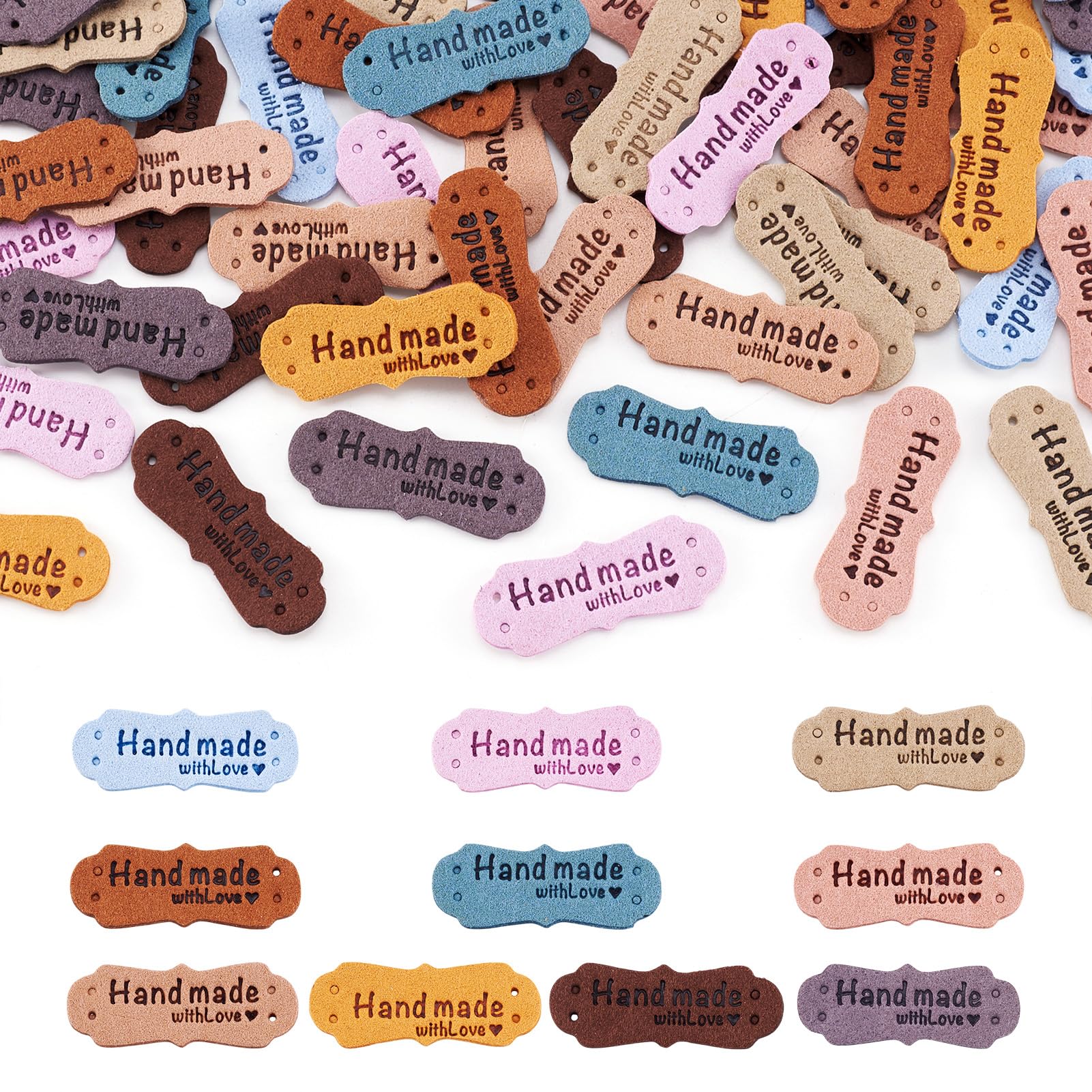 PandaHall 60pcs Handmade with Love Heart Leather Tag Labels Embossed Tags with Holes Embossed Tag Embellishment Knit DIY for DIY Craft Sewing Crochet Hats Supplies, 15x42mm