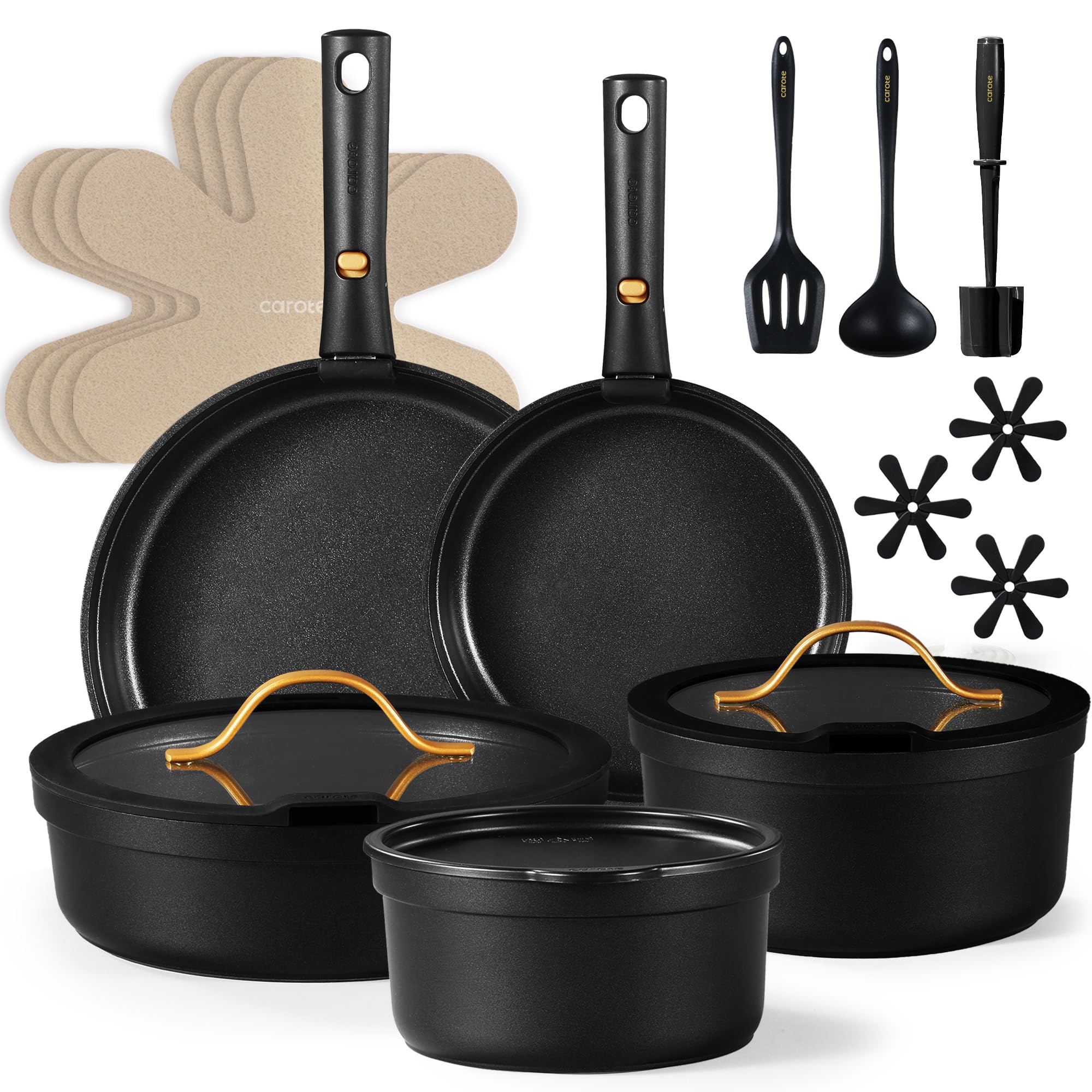 CAROTE 20pcs Pots and Pans Set Non Stick, Nonstick Cookware Set, Dishwasher/Oven/Fridge Safe Pots and Pans, Removable Handle RV Oven Safe Cookware, Induction Kitchen Set, Black Image