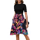 Annebouti Womens 2026 Short Sleeve Summer Spring Ribbed Modest Semi-Formal Teacher Casual Work Midi Dress with Pockets