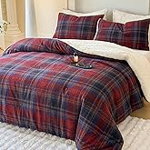 Cyusri Plaid Sherpa Comforter Set 2Pcs Fluffy Warm Fleece Down Alternative, Red Blue Grid Pattern Bedding Set with 1 Pillowcase, Twin Size 68"x90"