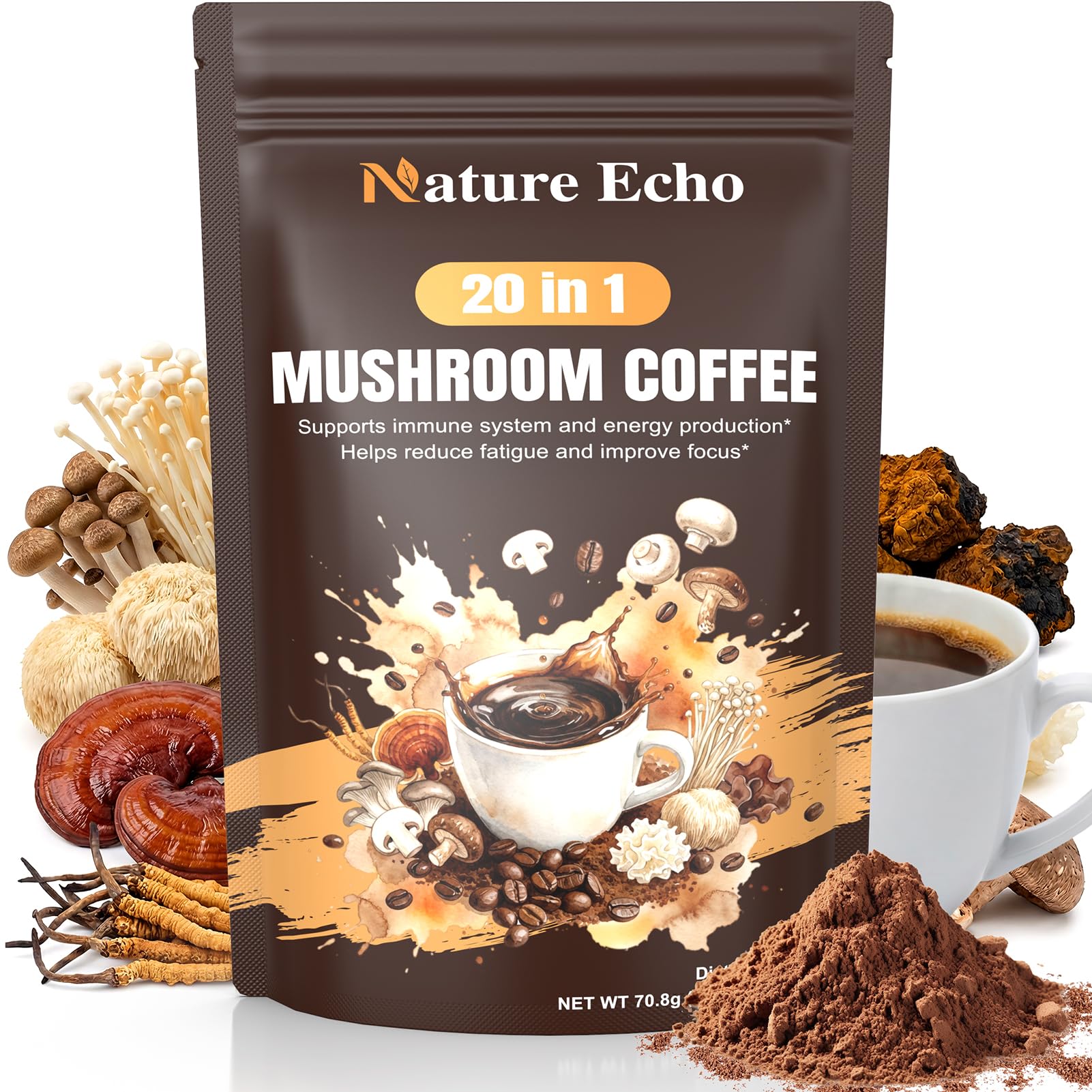 Nature Echo 20 in 1 Mushroom Coffee with Ashwagandha | Lion’s Mane, Reishi, Cordyceps & More - Instant Coffee Powder for Focus, Memory, Immune & Gut Support | 2.5 Ounce | Sugar Free