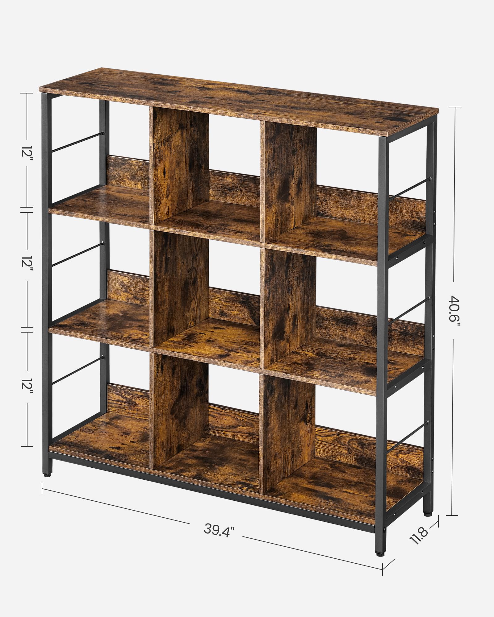VASAGLE Bookshelf, Bookcase, 9 Cubes Storage Organizer, Industrial Open Display Shelf, for Bedroom, Office, Living Room, Metal Frame, Rustic Brown and Black ULLS112B01