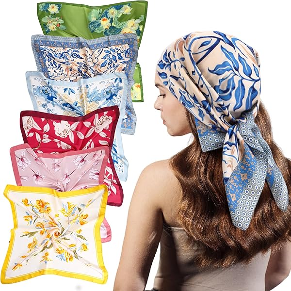 Silk like Blue White Flowers Print Head Scarf 35\