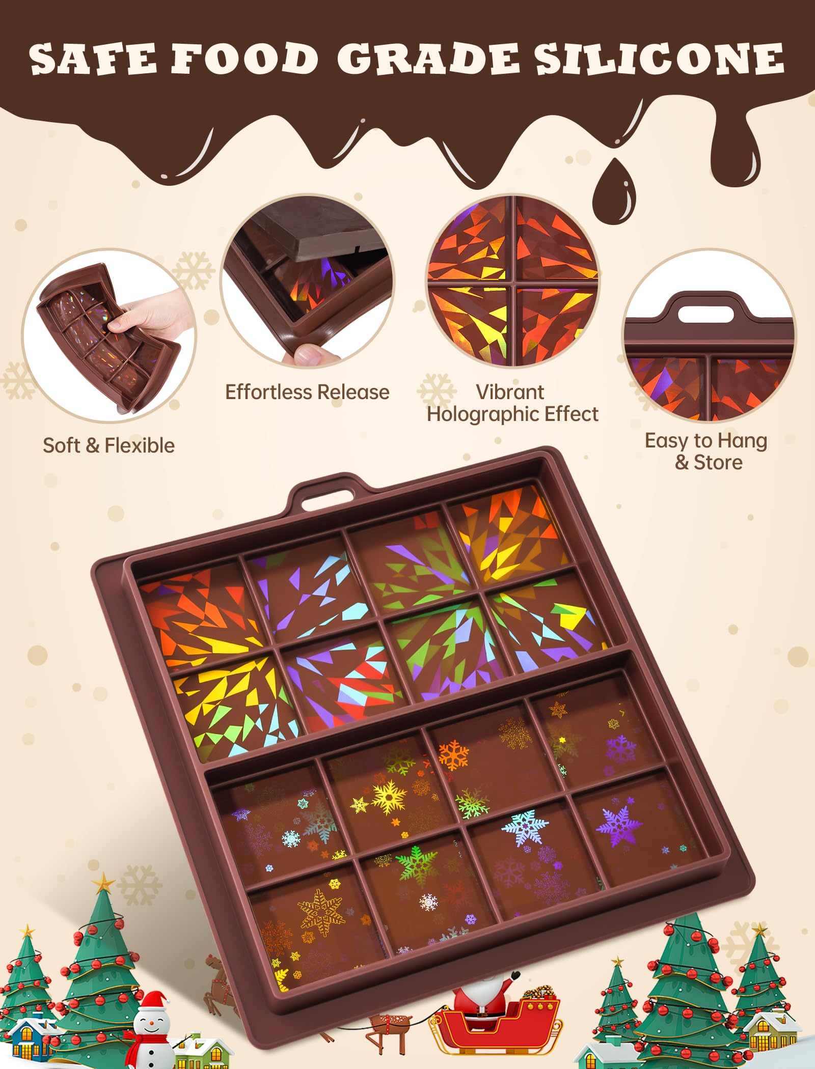 NiHome 0.67 Inch Holographic Dubai Chocolate Molds, Silicone Chocolate Bar Mold for Black Chocolate, Dishwasher Safe & Wall Hanging, Christmas Valentine Gift (Snowflake and Firework Patterns)