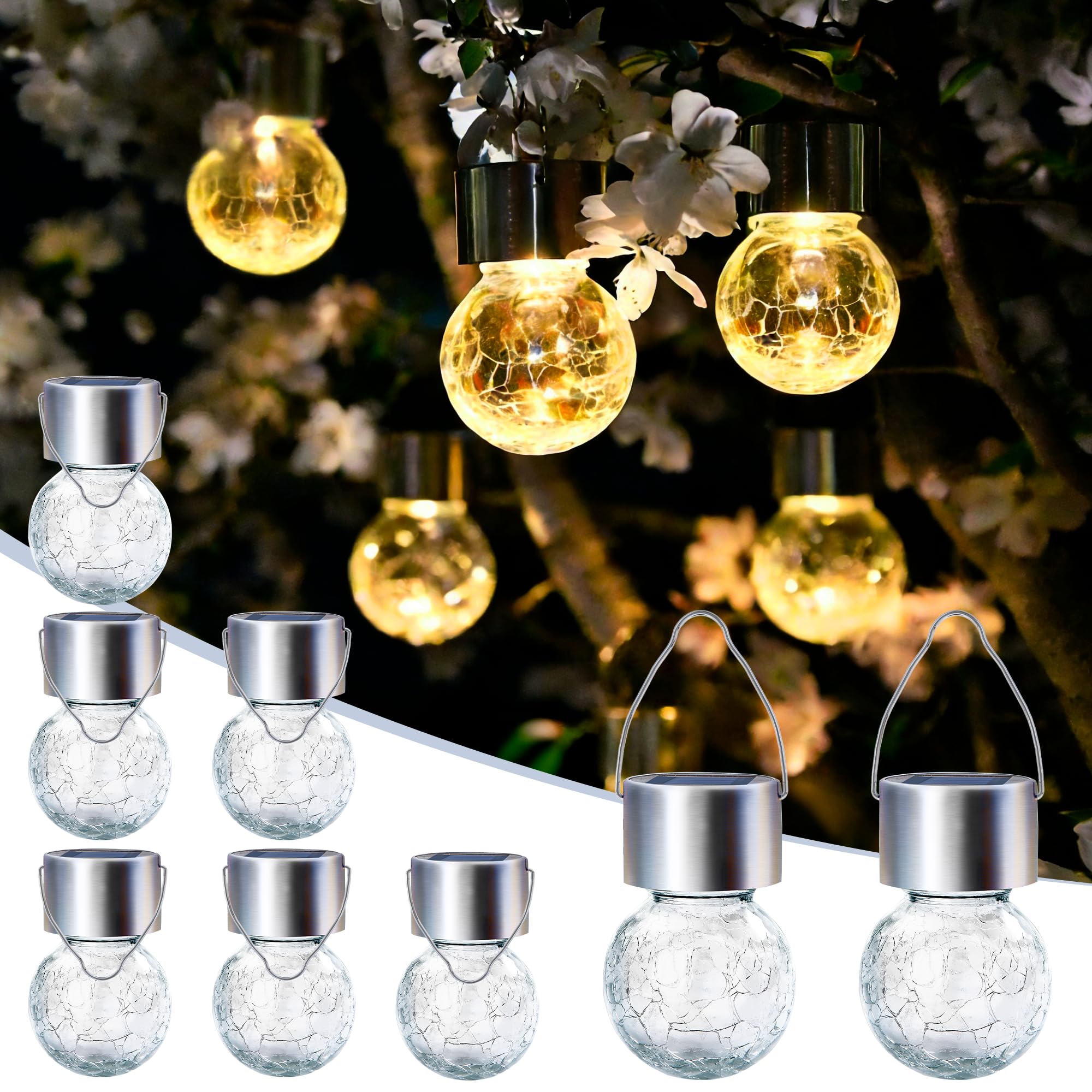 Photo 1 of **MISSING PARTS ONLY** **SOLPEX Hanging Solar Lights Outdoor, 8 Pack Decorative Cracked Glass Ball Light, Solar Powered Waterproof Globe Lighting, Hanging Globe Solar Lights for Garden, Yard, Patio, Lawn, Flower Bed