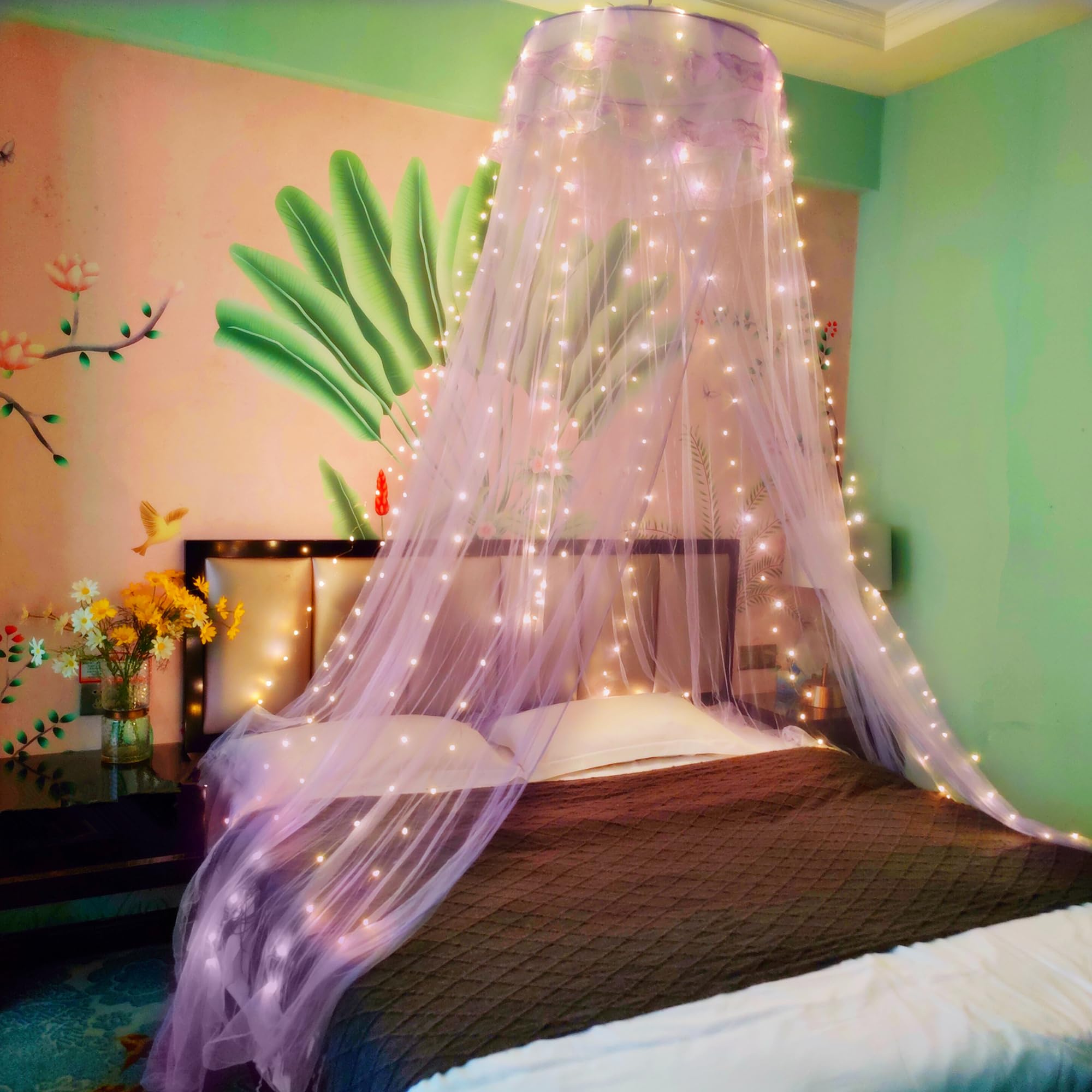 Eimilaly Lace Bed Canopy Mosquito Netting with Warm Lights, Princess Bed Canopy for Girls Room Decor, Purple/Single Door