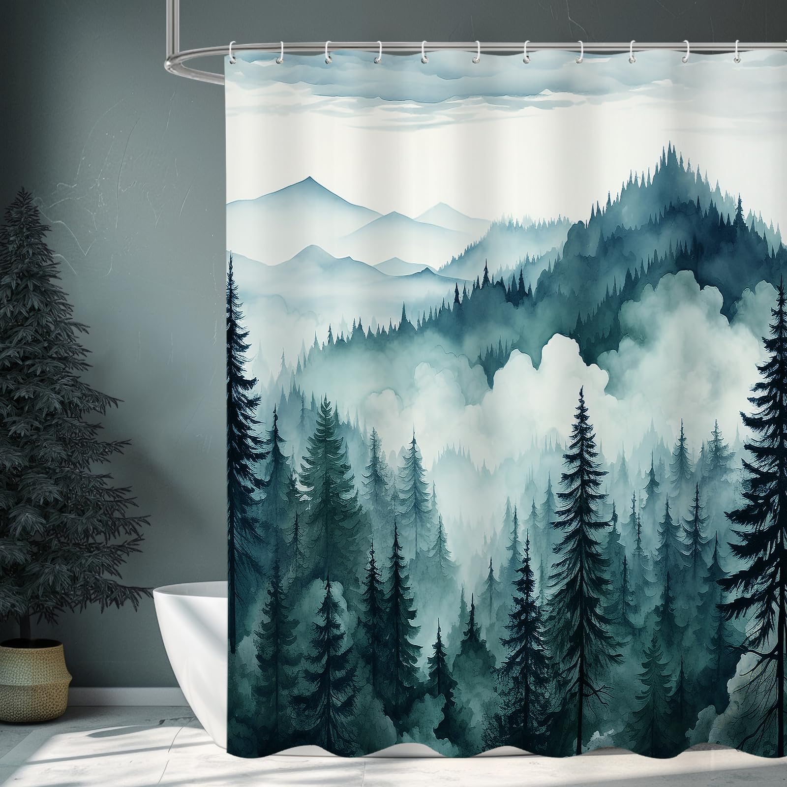 Photo 1 of Litabel Peacock Blue Extra Long Misty Pine Forest Shower Curtain 72 x 84, XL Mountain Foggy Woodland Scenery Tree Shower Curtains for Bathroom, Abstract Waterproof Nature-Themed Decor