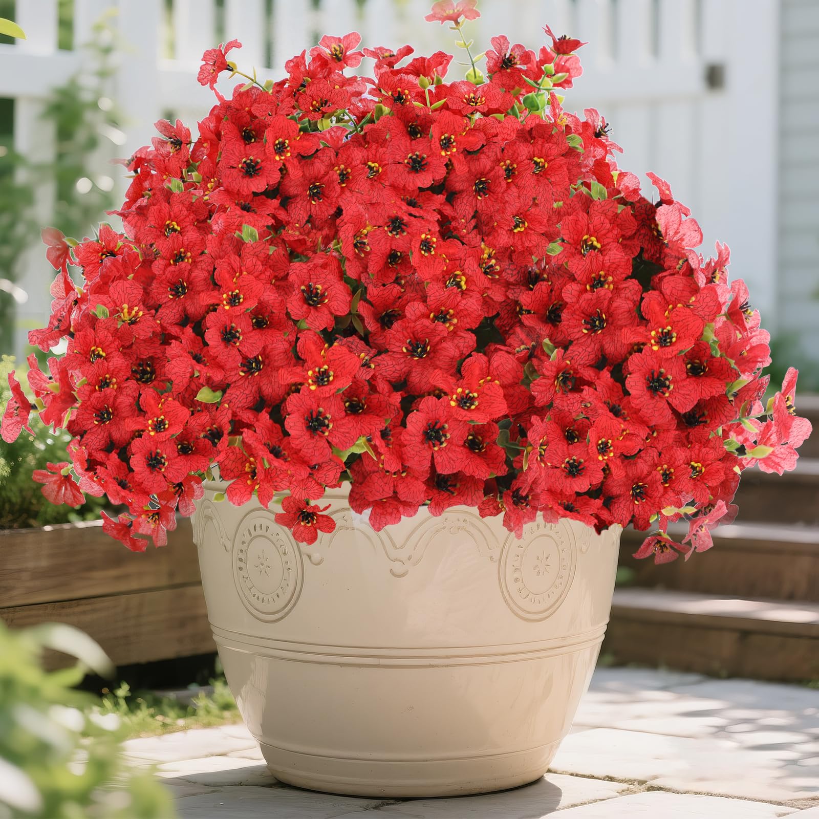 Photo 1 of Artificial Flowers for Outdoor Indoor,Silk Flowers No Fade Fake Plastic Flowers Faux Plants for Outdoors Outside Front Porch Hanging Planter Window Box Garden Home Decoration,13 Bundles(Red)