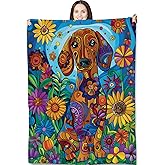 Colorful Dachshund Throw Blanket for Adults Kids, 50x60 in, Floral Dog Theme Flannel Blankets for Bedroom, Couch, Travel, Home Decor, Fuzzy Soft Cozy Warm Gifts