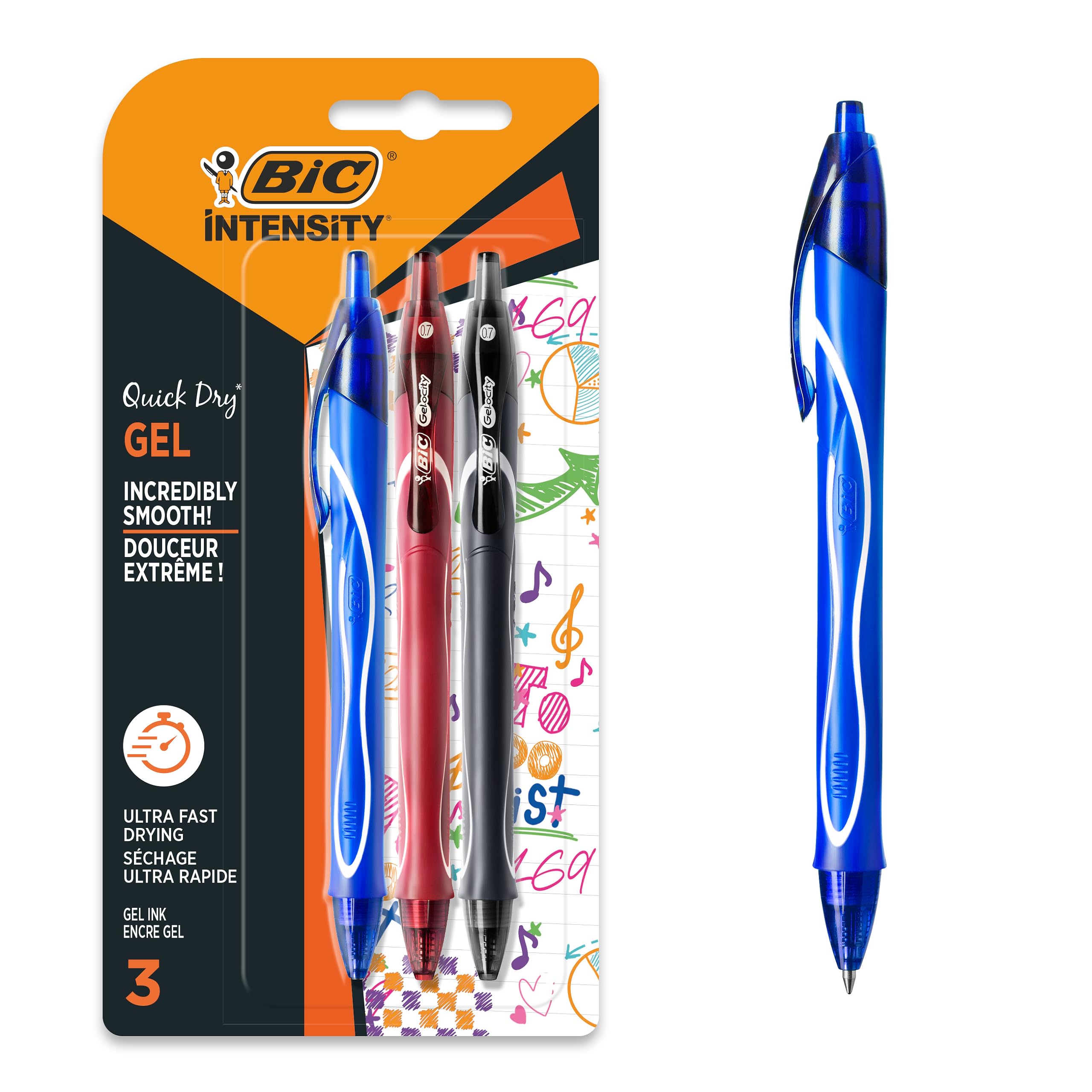 BIC Gel-ocity Quick Drying Gel Pen, Assorted Colours, 3 Pack