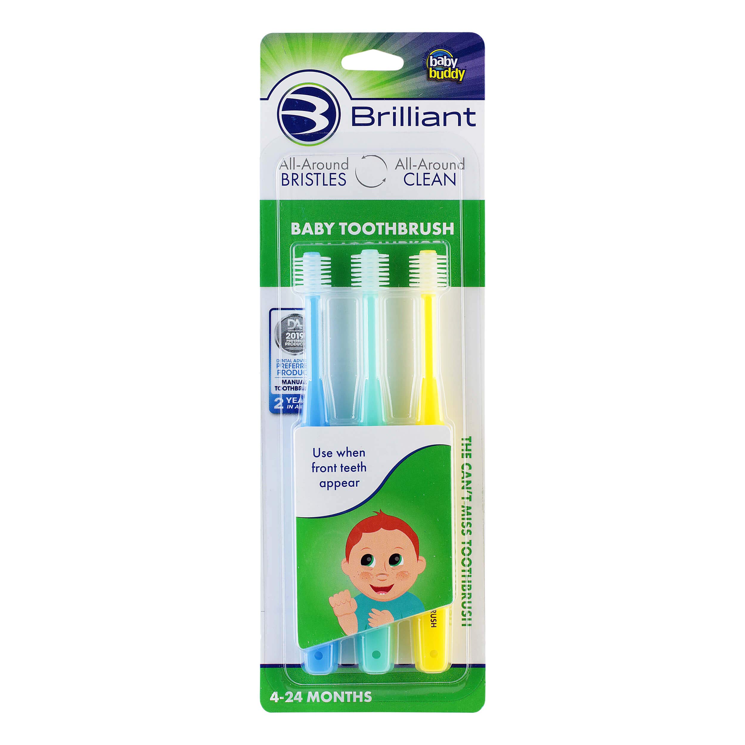 Brilliant Baby Toothbrush by Baby Buddy, Ages 4-24 Months, Round Head, Bristles Clean All-Around, Blue-Mint-Yellow, 3pk