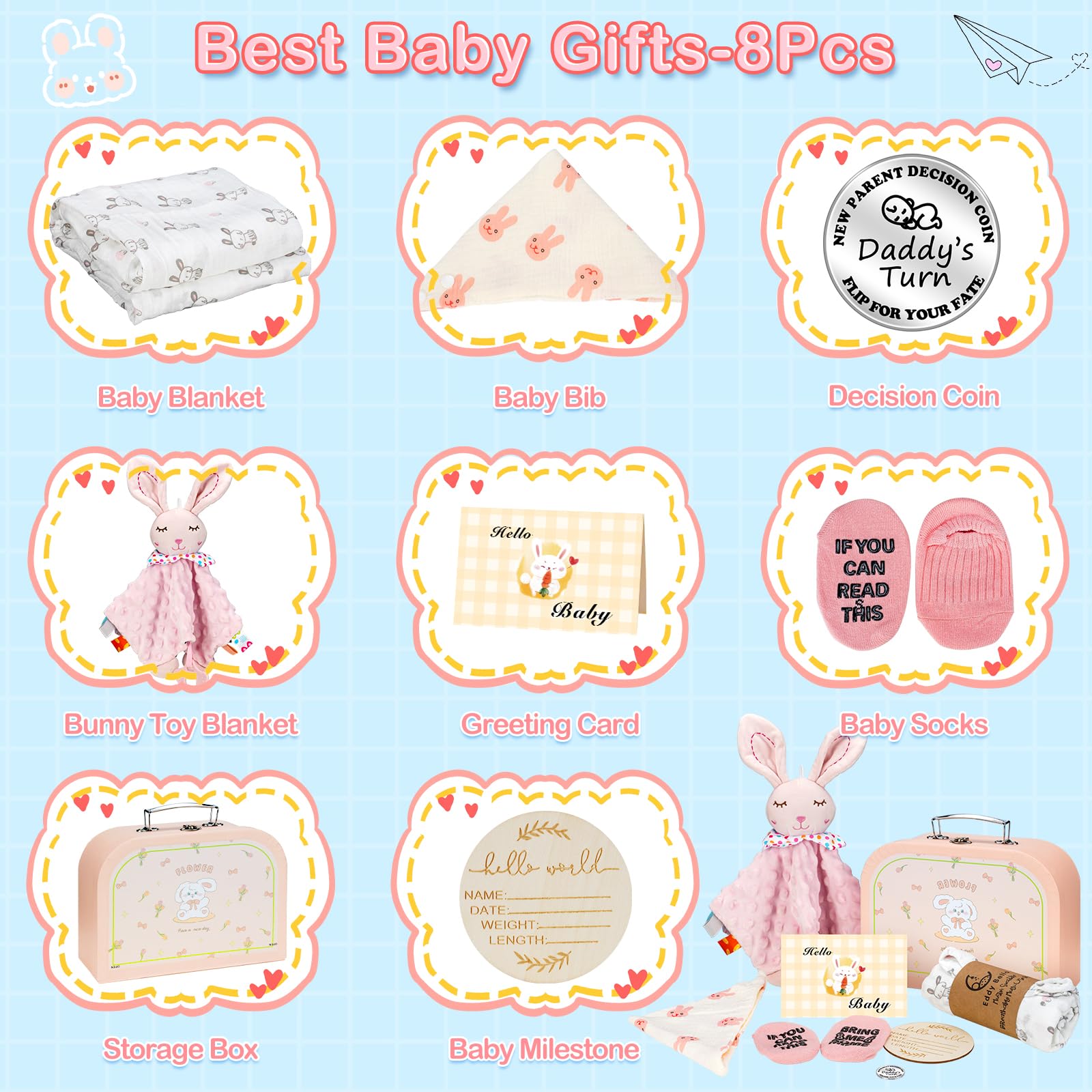 Baby Girl Gift Basket, 8Pcs Baby Girl Gifts Newborn Gift Set, Cute & Practical Baby Girl Newborn Essentials Gift Basket Set, Warm Gifts Newborn Baby Girl Gifts Set, Best Welcome Baby Gift