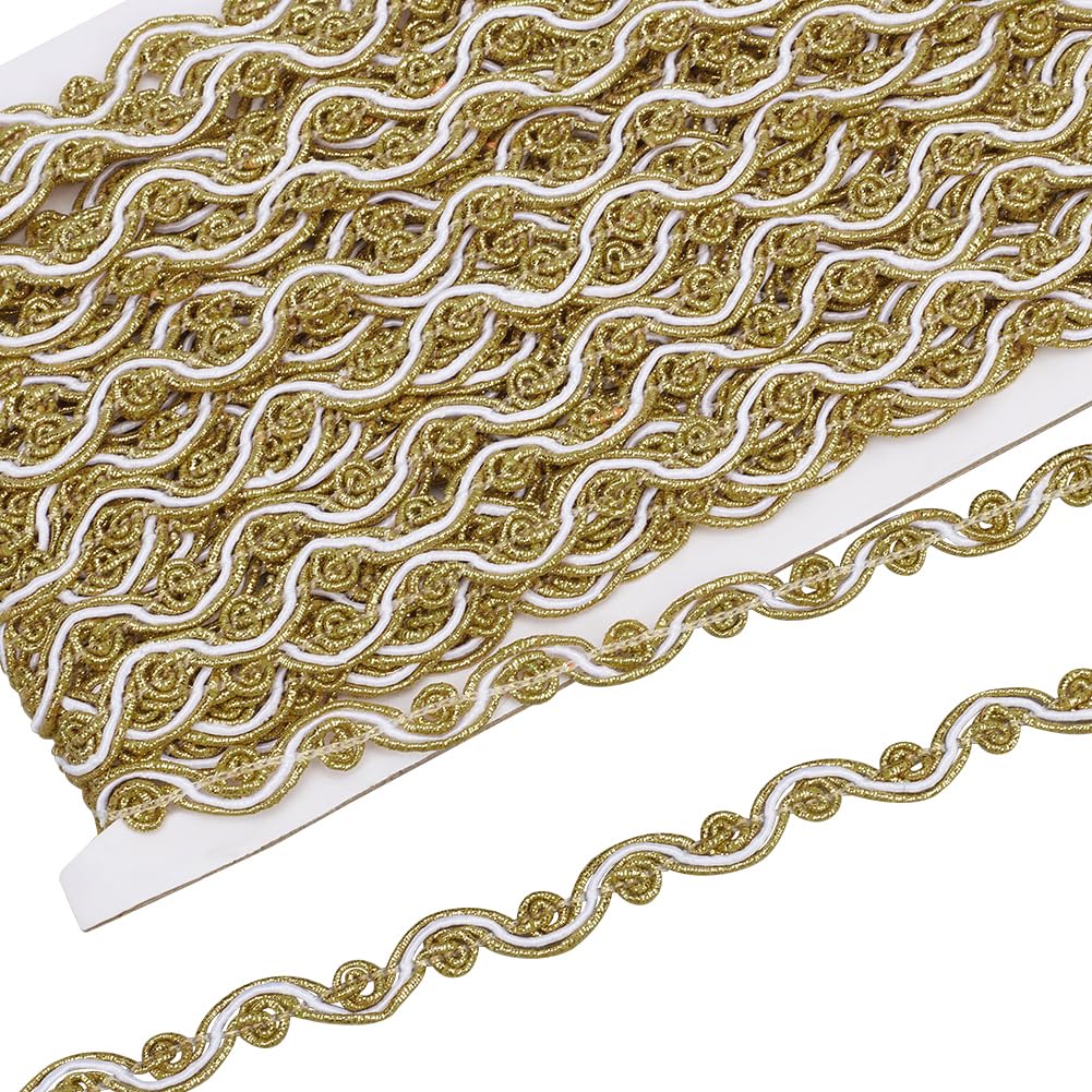 FINGERINSPIRE 21.3Yard/19.5M Golden S Wave Pattern Metallic Polyester Lace Ribbon 10mm Wide Bling Silver Metallic Gimp Braid Trim for Costume Clothes Sewing Accessories Home Decoration