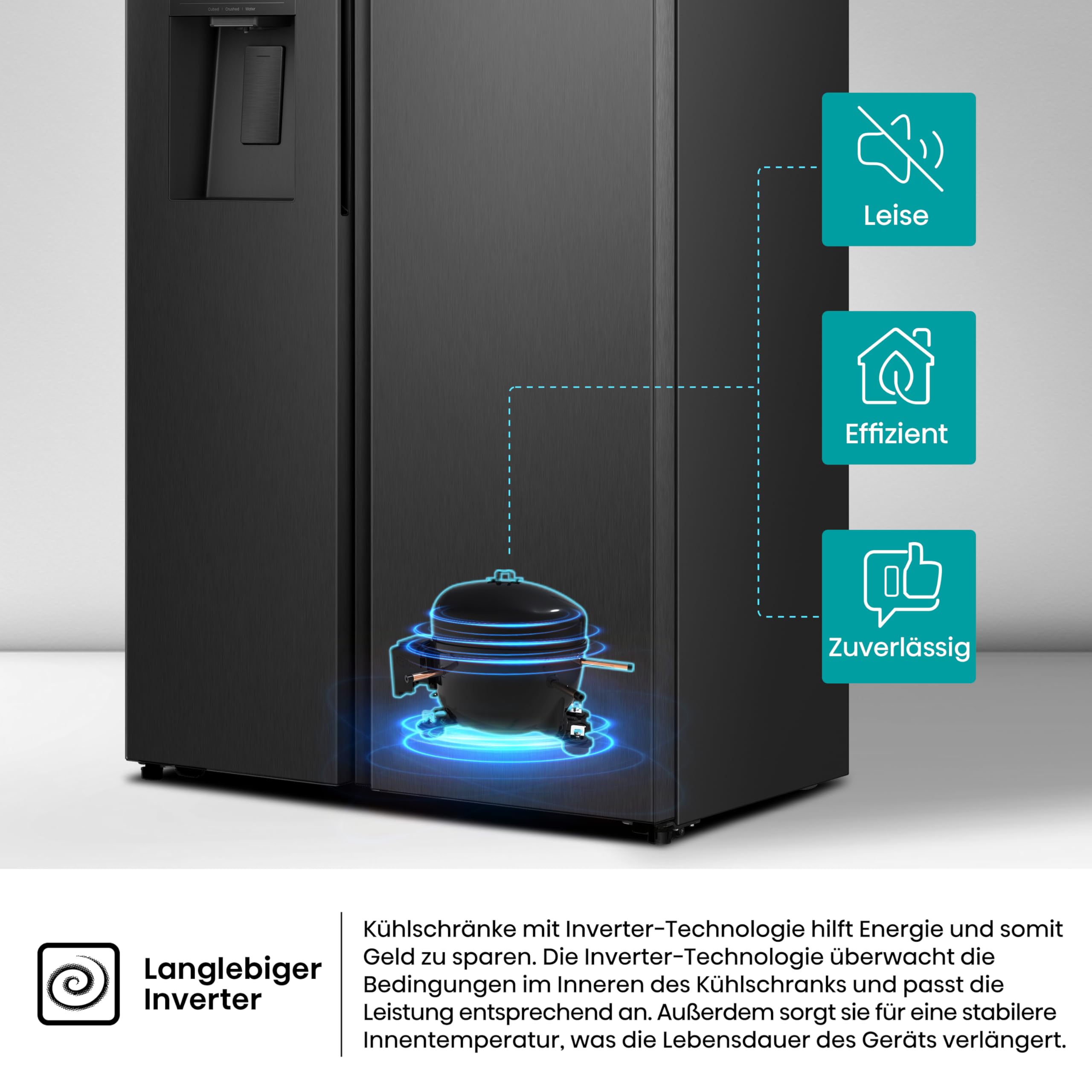 Hisense RS5P528STFE Kühl-Gefrierkombination/Freistehend/ 528L/ 40dB/ EEK: E/Eis&Wasserspender/Total No Frost/SuperCool/Big Box/Temperatur Sensor/XXL Türfach/BxHxT: 91,1×178,6×61,5cm/ Schwarz 4