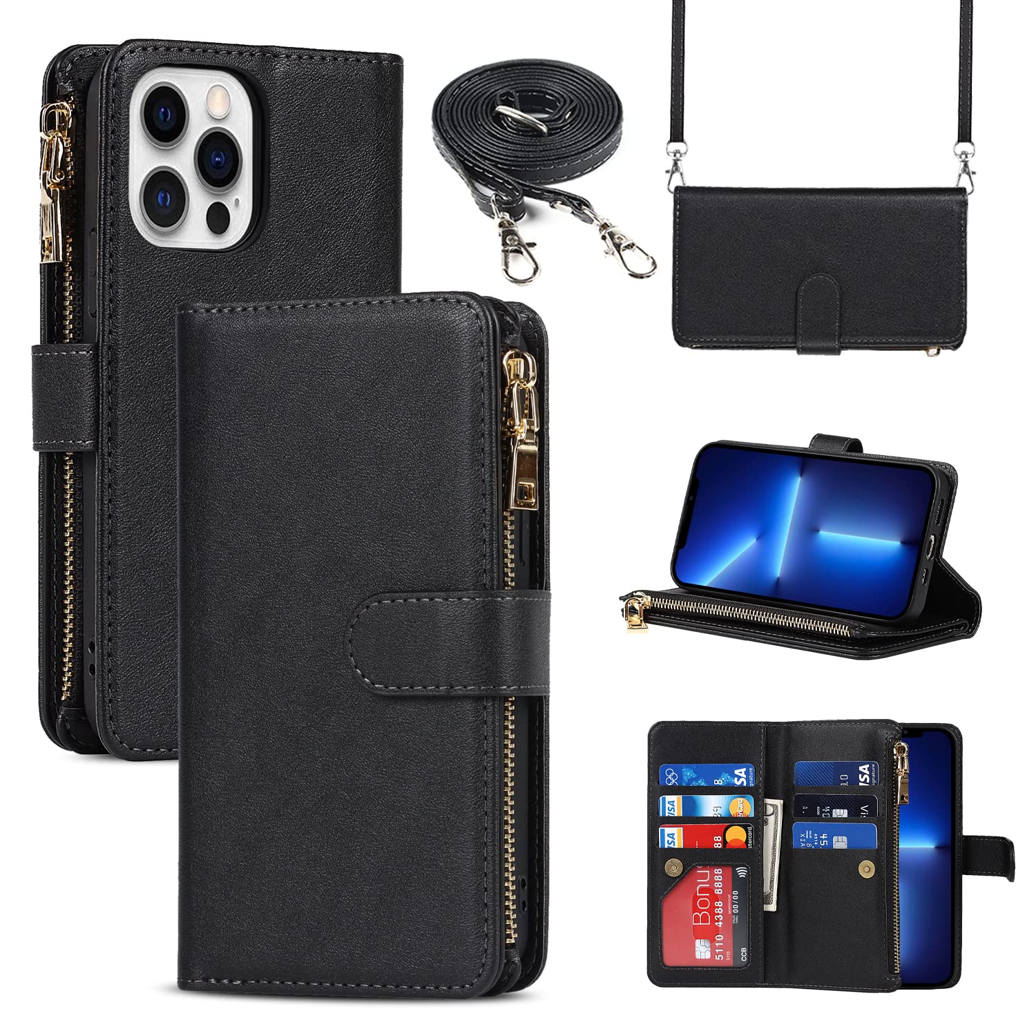 Cavor Crossbody iPhone 13 Pro Max Case With Card Holder With Strap,Flip Leather Wallet Case,[9 Card Holder] Zipper Detachable Lanyard Phone Case Cover for Women for iPhone 13 Pro Max - Black — image 1