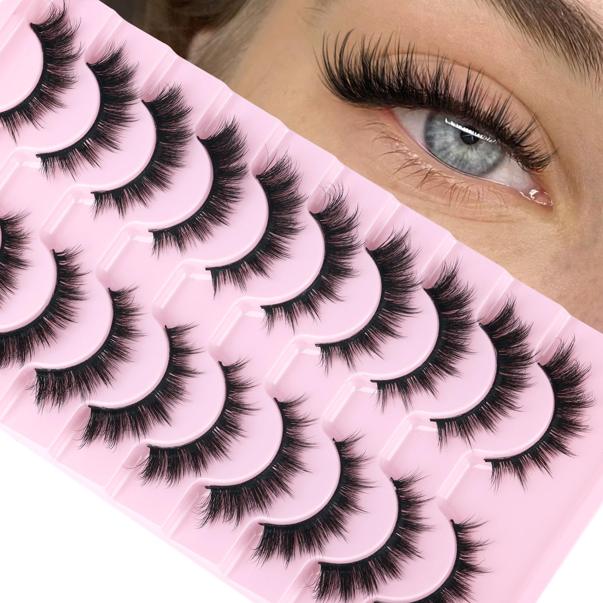 Photo 1 of False Eyelashes Cat-Eye Look Wispy Lashes 15mm 3D Manga Lashes Natural Look D Curl 10 Pairs Pack Faux Mink Lashes