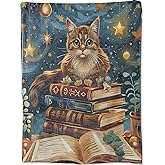 Cute Cat Books Throw Blanket, Fantasy Starry Night Kitten Vintage Book Blankets for Bedroom Living Room Couch Decor, Fuzzy Cozy Soft Lightweight Throws, Gifts for Kids Boys Girls, 50x60 in