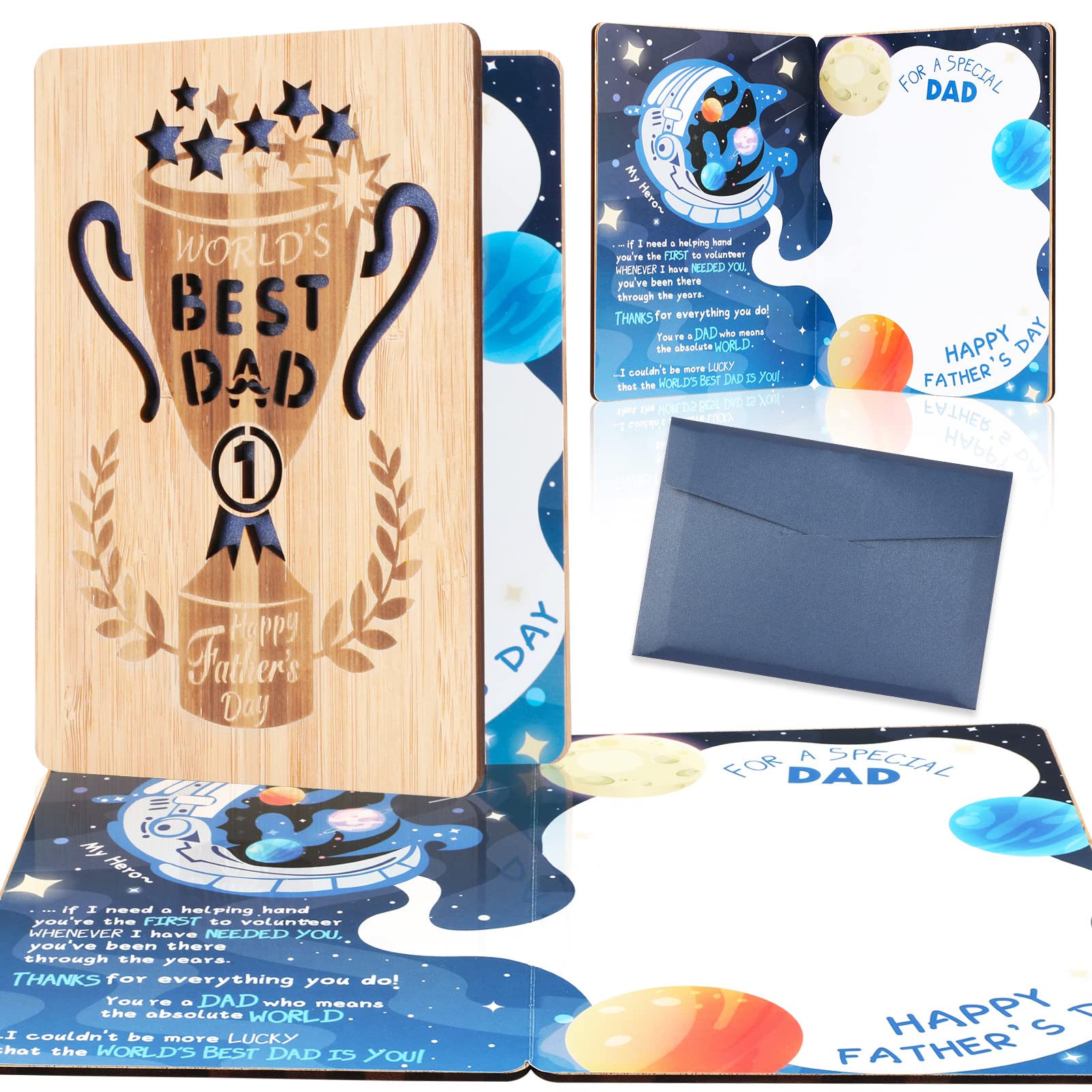HOWAF Fathers Day Card Wooden Happy Fathers Day Cards for Dad, Fathers Day Greeting Card from Daughter Son Best Dad Ever Thank You Card Wooden Keepsake for Fathers Day with Envelope