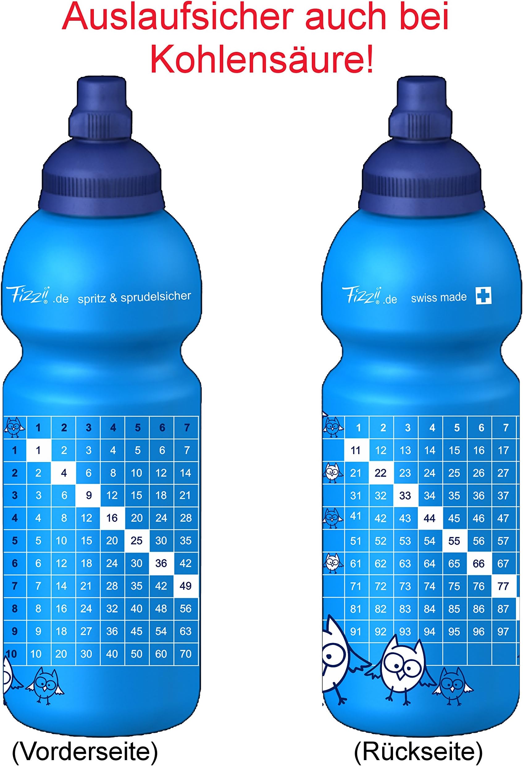 Fizzii 600 Children's Times Table Plastic Hydration Bottle Leak Proof Carbonated, Non-toxic, Dishwasher Safe, 1 x CYAN – 600 ml