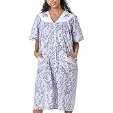 Women's Short Sleeve Woven Snap-Front Closure Floral Embroidery Housecoat Duster Lounge Nightgown Robe with Front Pockets