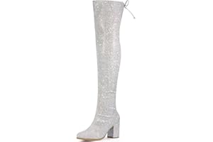 Allegra K Women's Glitter Boots Round Toe Chunky Heel Over the Knee High Boots