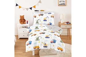 Wake In Cloud - Toddler Bedding Set for Boys, Construction Car Excavator Truck, 4 Pieces Soft Crib Bed Set Including Comforter, Sheets and Pillowcase, White