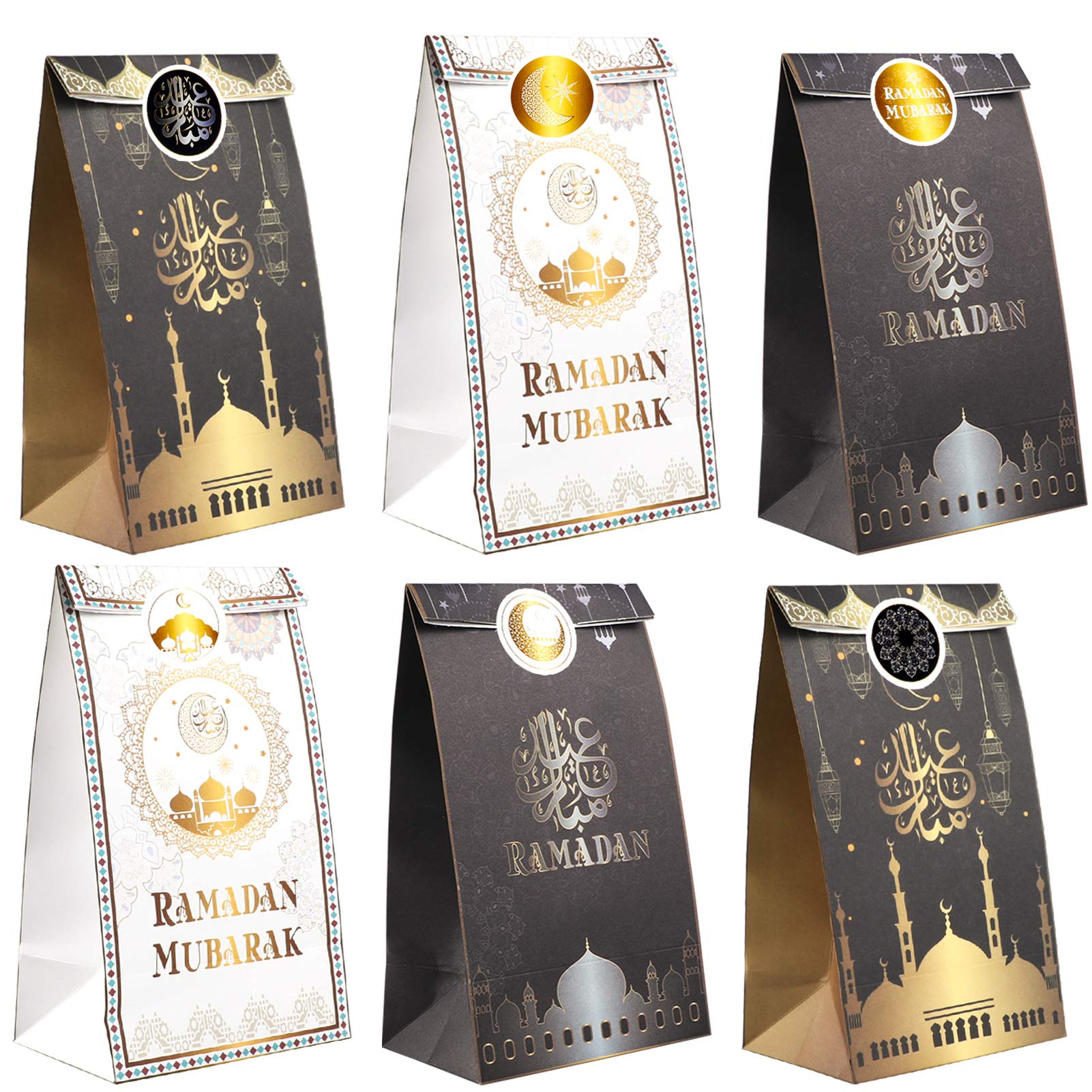 HOWAF Eid Mubarak Party Favor Bag, 12 Pack Ramadan Mubarak Paper Bags, Eid Sweet Candy Gift Bags for Kids Muslim Ramadan Party Decorations Supplies
