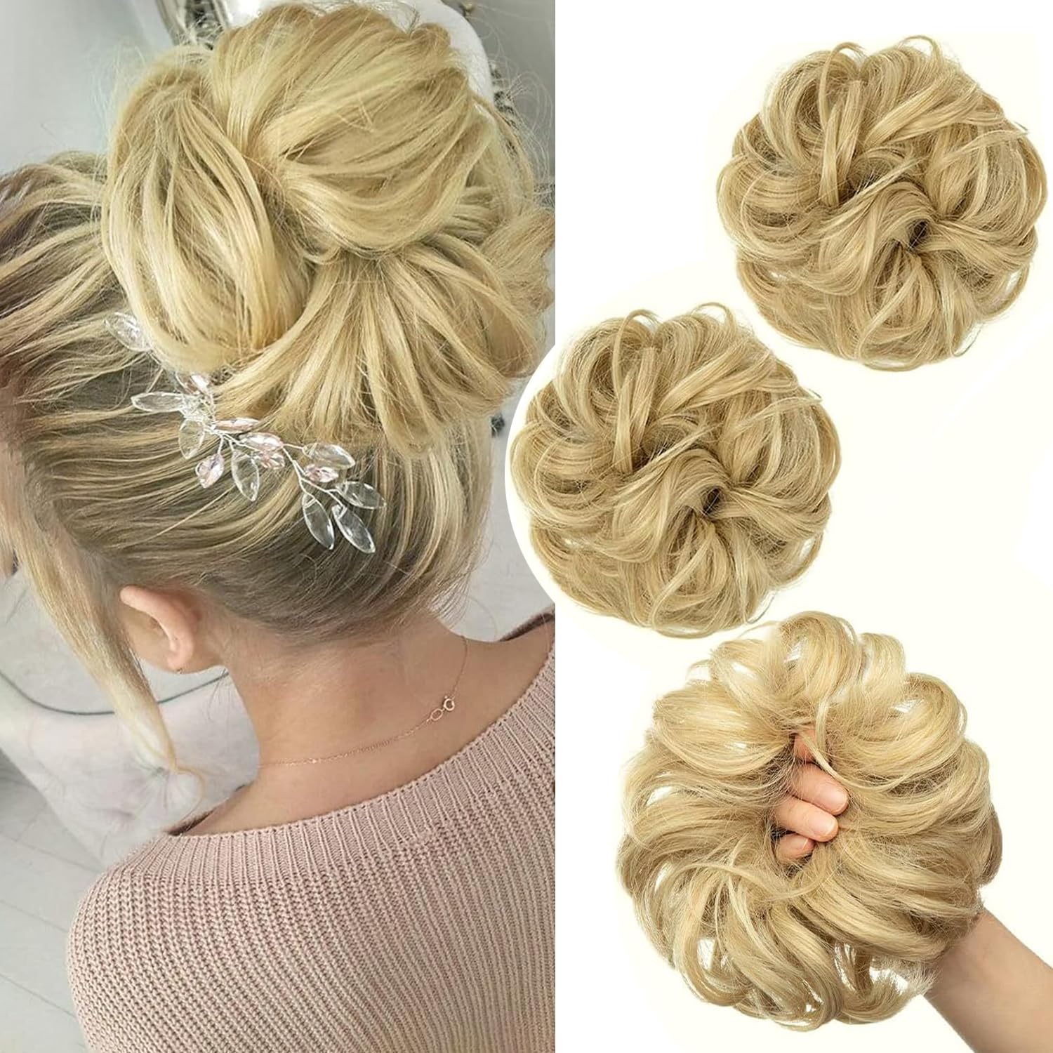 PORSMEER 2 Pieces Large Messy Hair Buns Extensions Curly Wavy Scrunchies Synthetic Chignon Ponytail Hair Extensions Thick Updo Hairpieces for Women Blonde — image 1