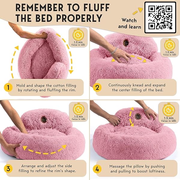 PETJETT LARGE DOG BED – 36” CALMING DONUT DOG BEDS, ANTI-SLIP & WASHABLE LARGE ROUND BED, FLUFFY FAUX FUR PET BED, SUPER SOFT ANTI-ANXIETY PREMIUM COMFORT BED, FITS DOGS UP TO 80 LBS – PINK