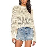 Ebifin Womens Crochet Tops Long Sleeve Beach Summer Sweater Crew Neck Mesh Cover Ups Bikini Swimsuit Tunic Pullover Tops