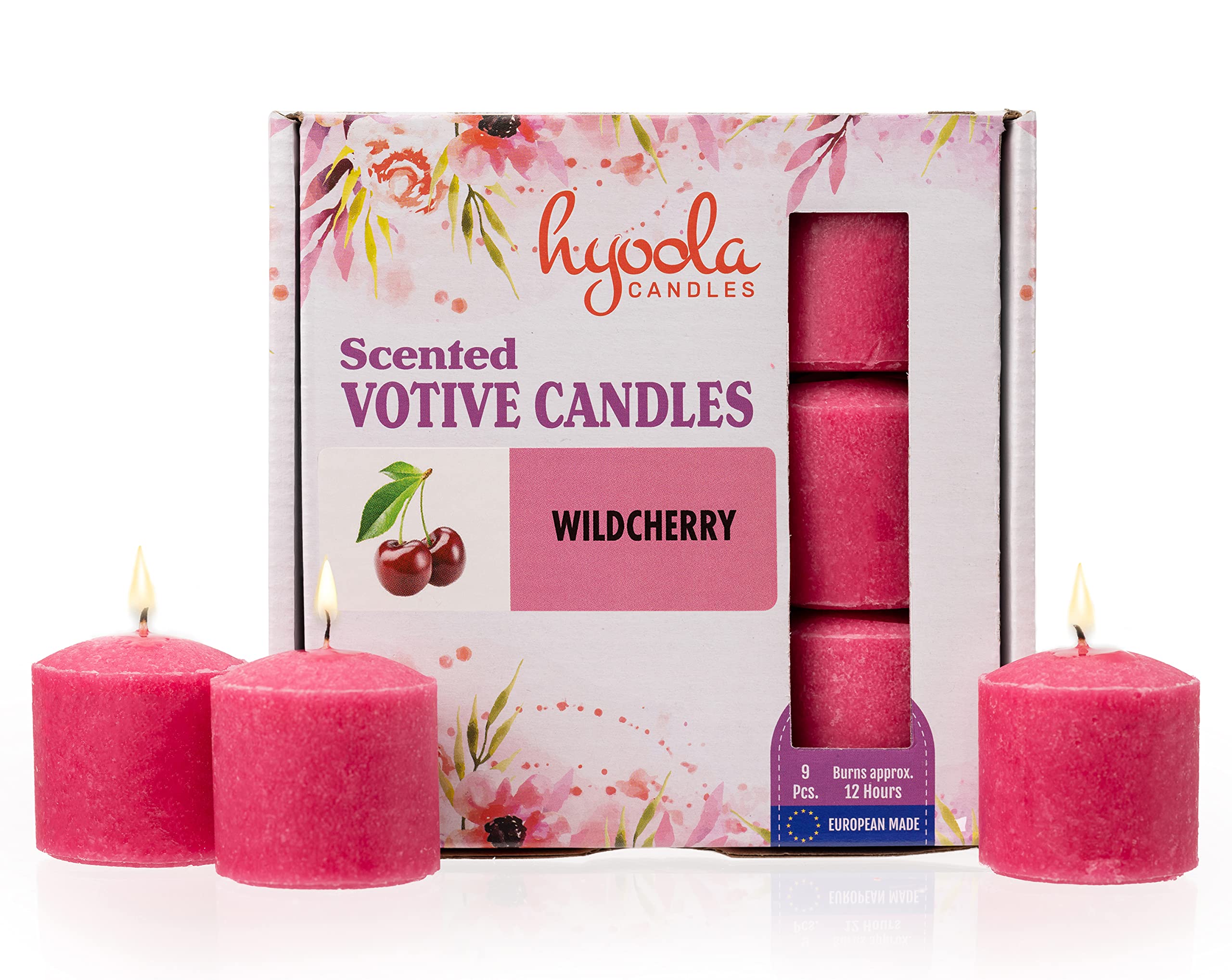 HYOOLA Scented Votive Candles - Wildcherry Votive Candles Scented -12 Hour Burn Time - 9 Pack - European Made
