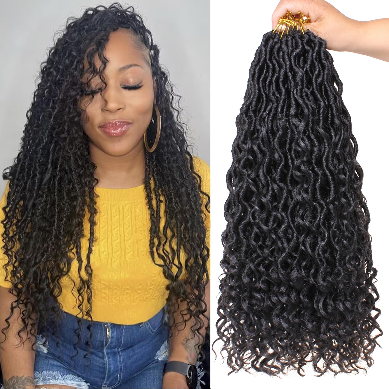 Mscat 18Inch 8 Packs Goddess Faux Locs Crochet Hair Soft Locs With Curly Ends Pre-looped Synthetic Bohemian Locs Crochet Braids Hair Extensions (14Strands/Pack 1B#)