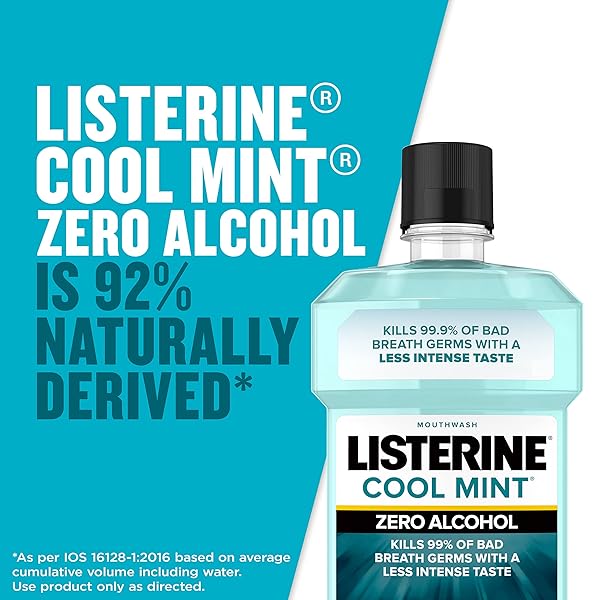 LISTERINE COOL MINT ALCOHOL-FREE MILD MOUTHWASH, ORAL RINSE KILLS 99.9% OF GERMS THAT CAUSE BAD BREATH, LESS INTENSE TASTE, MILD MINT FLAVOR, 3.2 FL. OZ