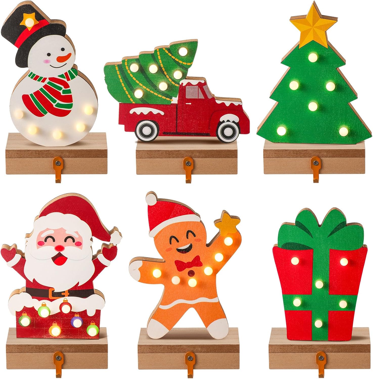 Stockings & Holders - Soaoo 6 Pcs Christmas Stocking Holder LED Lighted Christmas Tree Snowman Santa Snowflakes Stocking Hooks Xmas Stocking Hanger Battery Operated Decorative Fireplace Mantle Holder Seasonal Decor