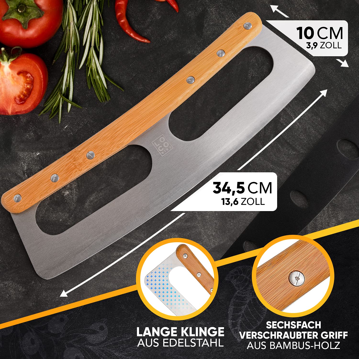Loco Bird Pizzaschneider 34,5cm - Pizzamesser aus Edelstahl mit Bambusgriff - Pizza schneider mit Klingenschutz - Vielseitig einsetzbares Pizza Wiegemesser lustig - cutter scharfe Edelstahl Klinge 3