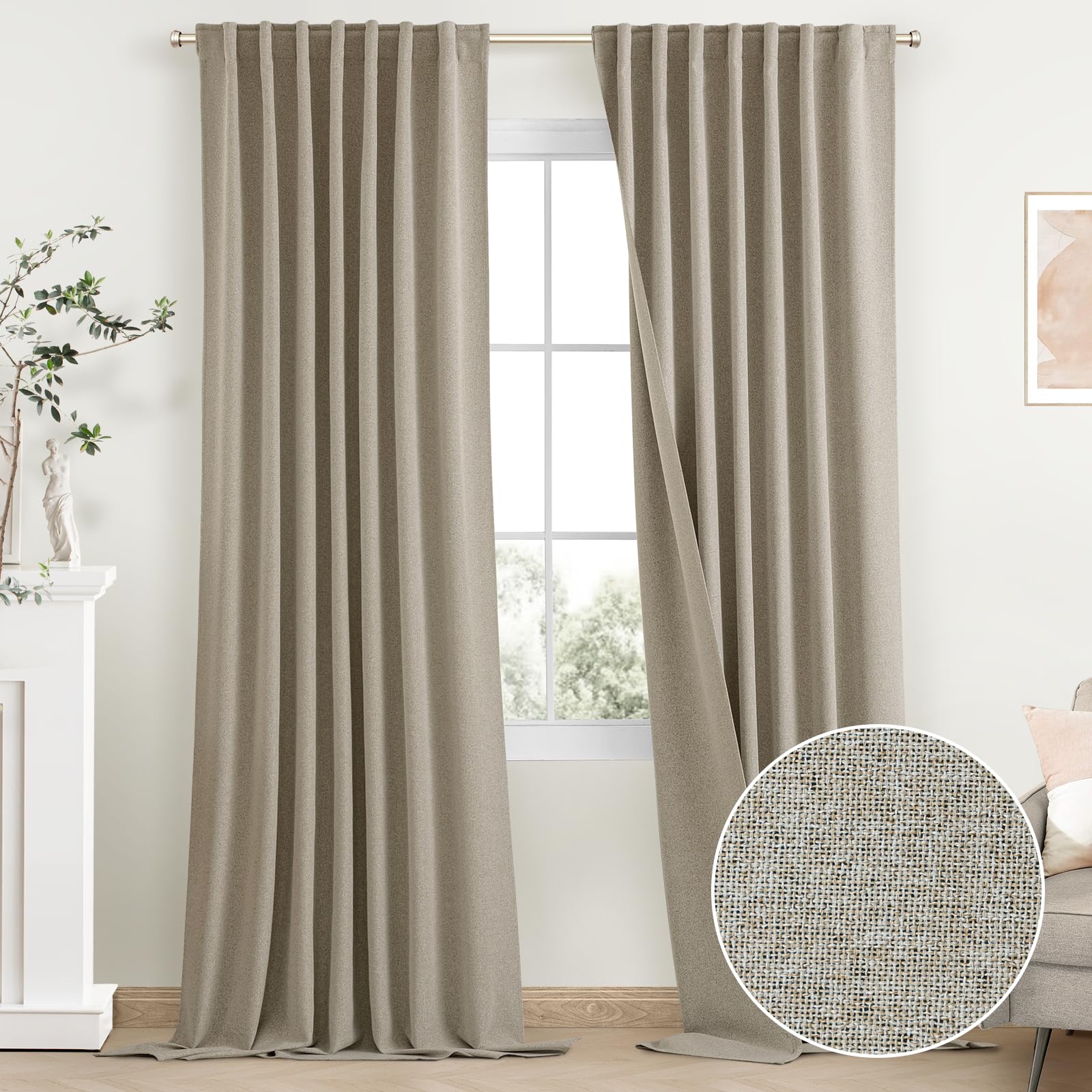 Photo 1 of SimpleHome Natural Linen 100% Blackout Curtains for Living Room,96 Inch Length Farmhouse Back Tab Textured Curtains for Bedroom,2 Panels,52" W x 96" L