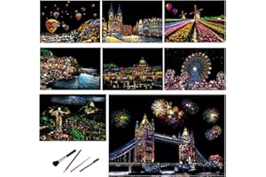 TOULIDEIFARIA Paint by Scratch Scratch Art for Adults, Rainbow Scratch Art 11.6x8.2 inch, 8 Sheets, 6 Scratch Tools, DIY Craft Gift(Beautiful City)