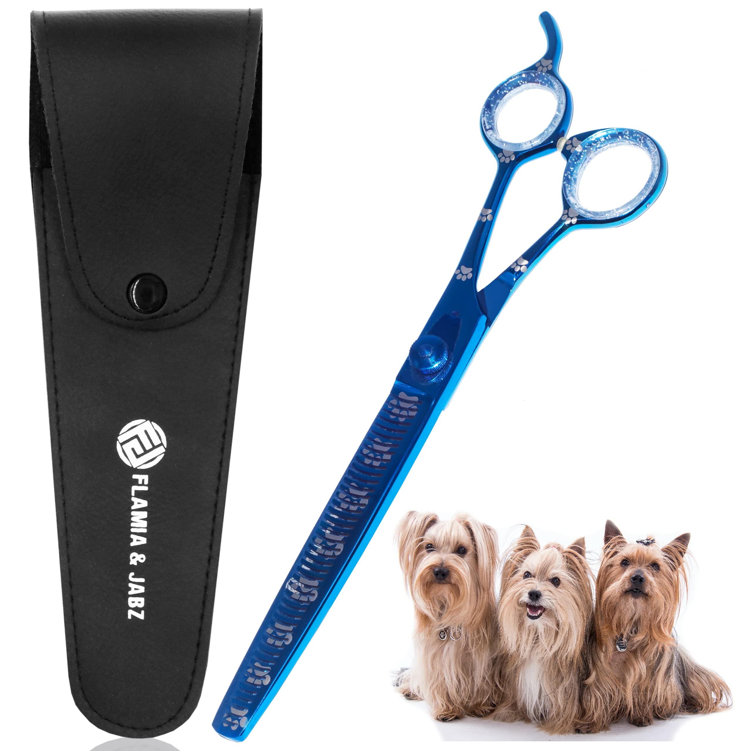 Professional Dog Grooming Thinning Scissors/Blender Shears with Paw Prints for Dogs, Cats & Pets (Right Handed, Blue, Stainless Steel 8 Inch)