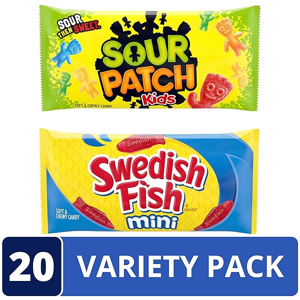 SOUR PATCH KIDS AND SWEDISH FISH MINI SOFT & CHEWY GUMMY CANDY VARIETY PACK, BULK CANDY, 20 SNACK PACKS