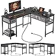 CubiCubi L Shaped Gaming Desk 58 Inch with Power Outlets, Large Size L Shape Desk with USB Charging Ports, Corner Computer Desk with Storage Shelves and Drawer, Home Office Desk with Bookshelf, Black