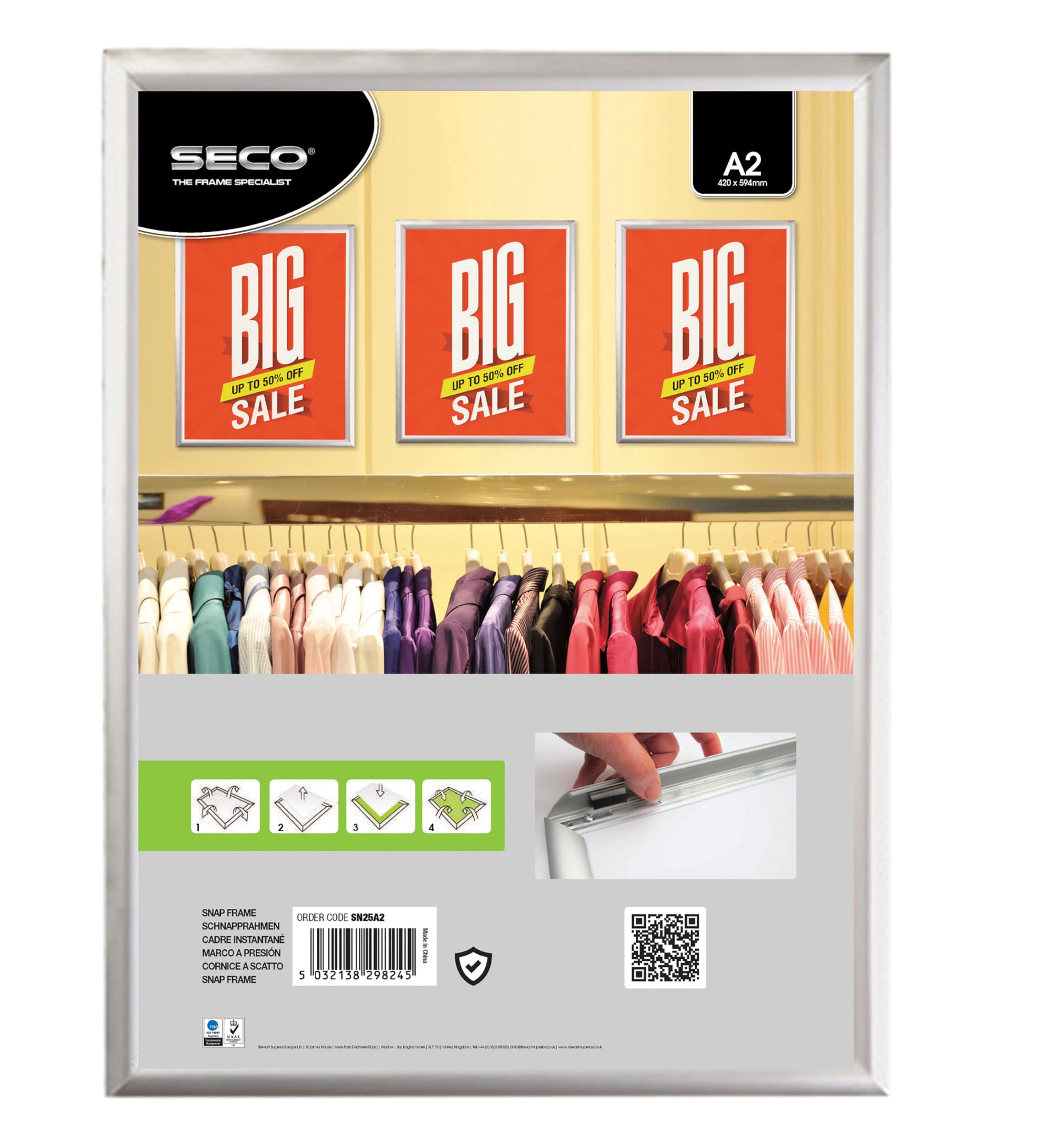 Stewart Superior A2 Aluminium 4 Sided 25mm Front Loading Picture/Poster Snap Frame - Silver